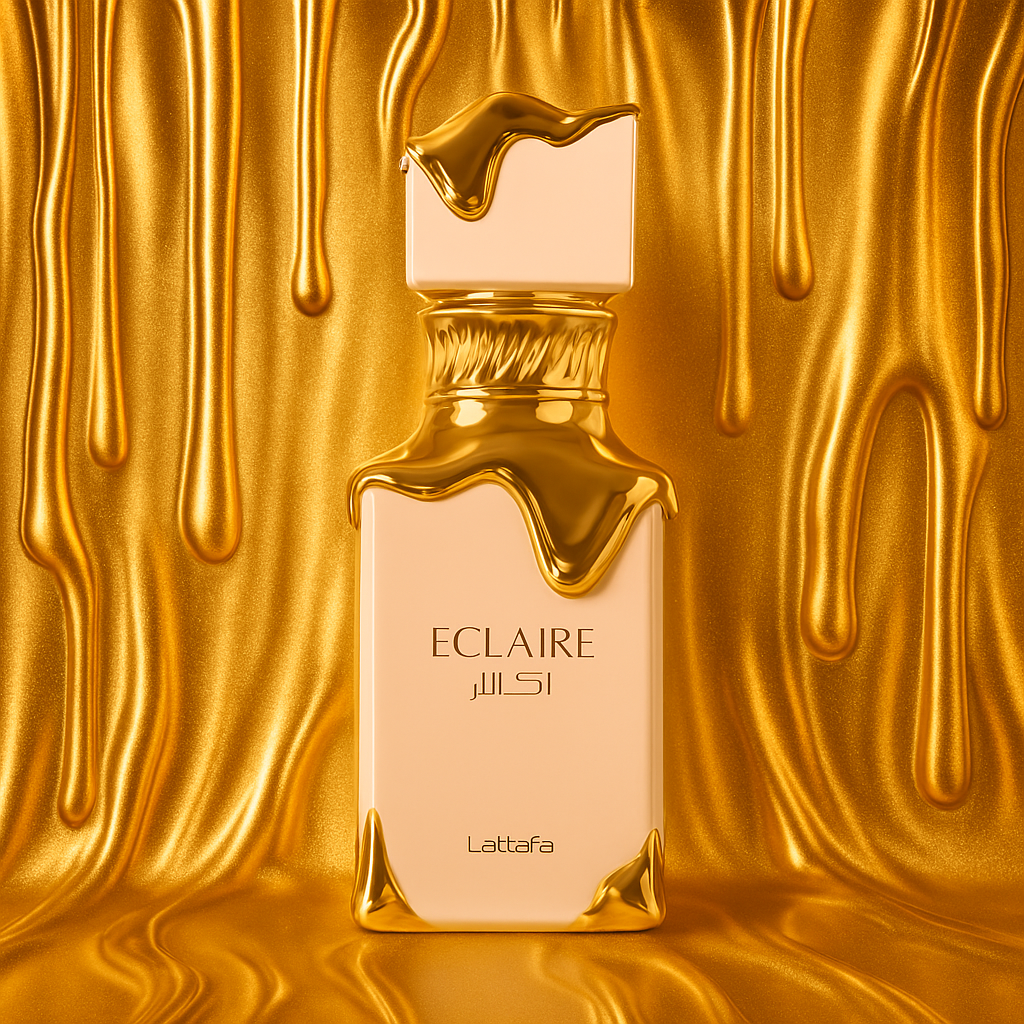 Lattafa Eclaire perfume bottle with luxurious gold drip design against a melted gold backdrop