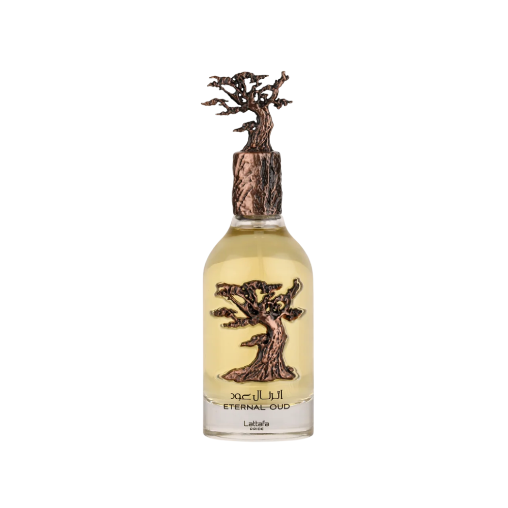 Lattafa Eternal Oud perfume bottle with bronze tree design and cap on white background