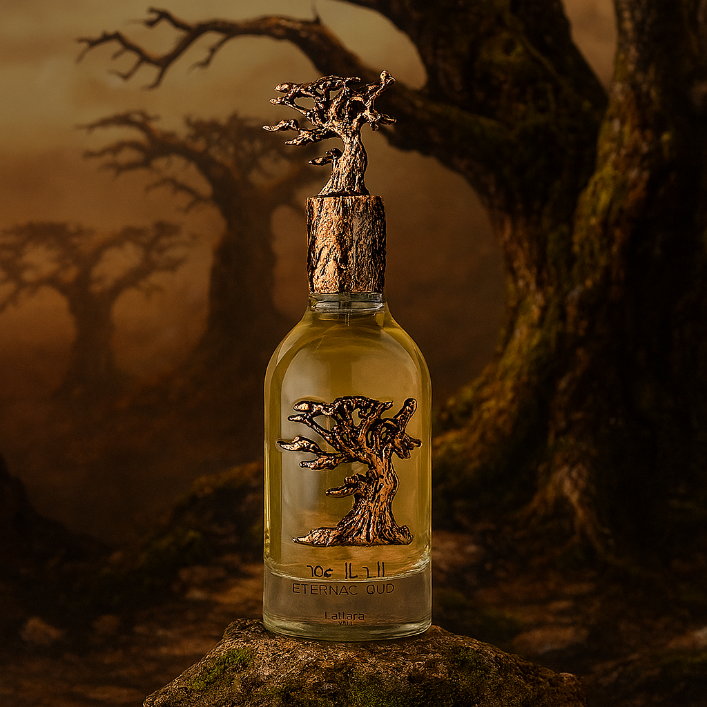 Lattafa Eternal Oud perfume bottle standing on mossy rock with bronze tree cap and dark enchanted forest background