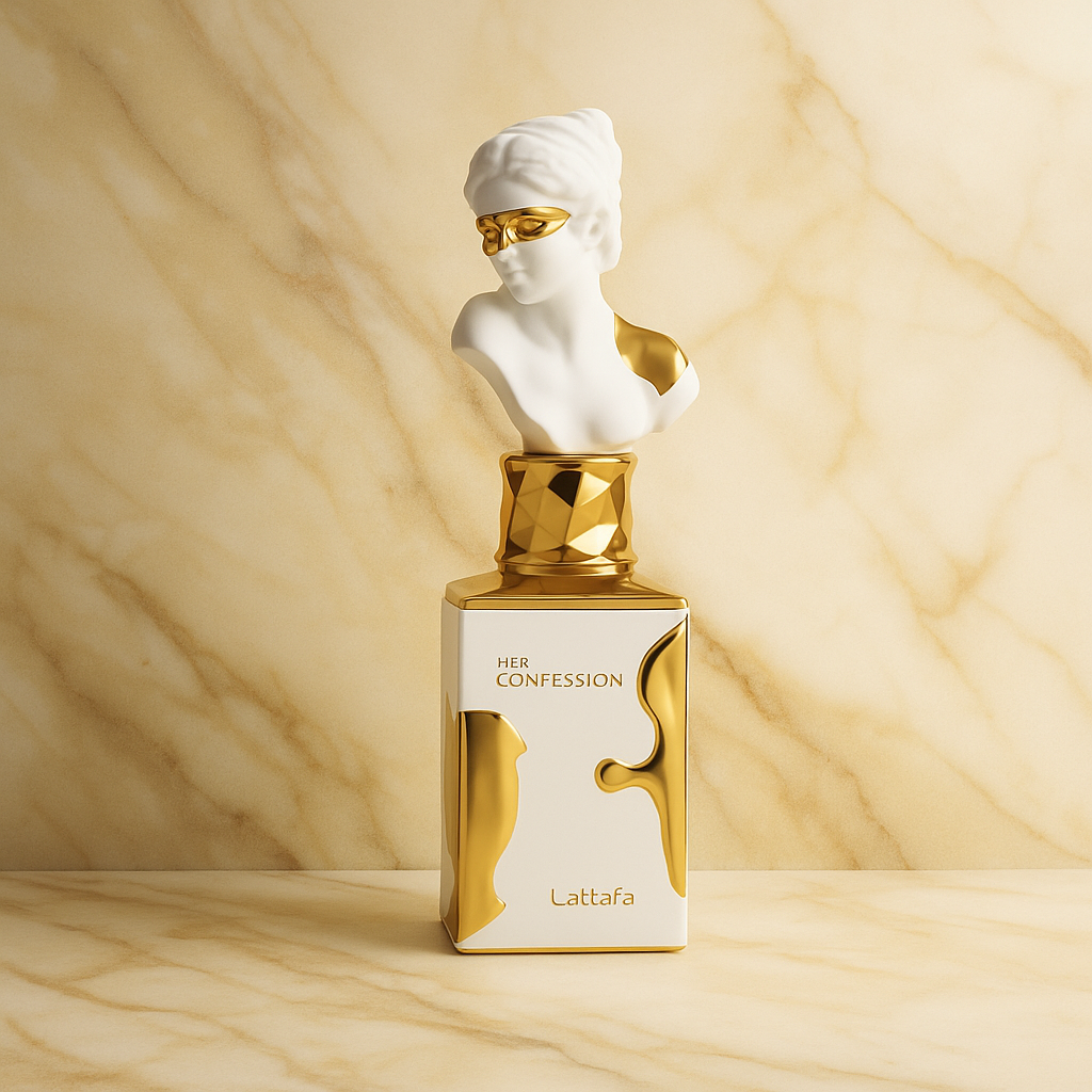 Lattafa Her Confession Eau de Parfum bottle on marble background with gold and white sculptural design