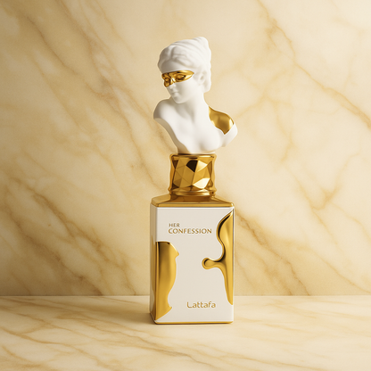 Lattafa Her Confession Eau de Parfum bottle on marble background with gold and white sculptural design
