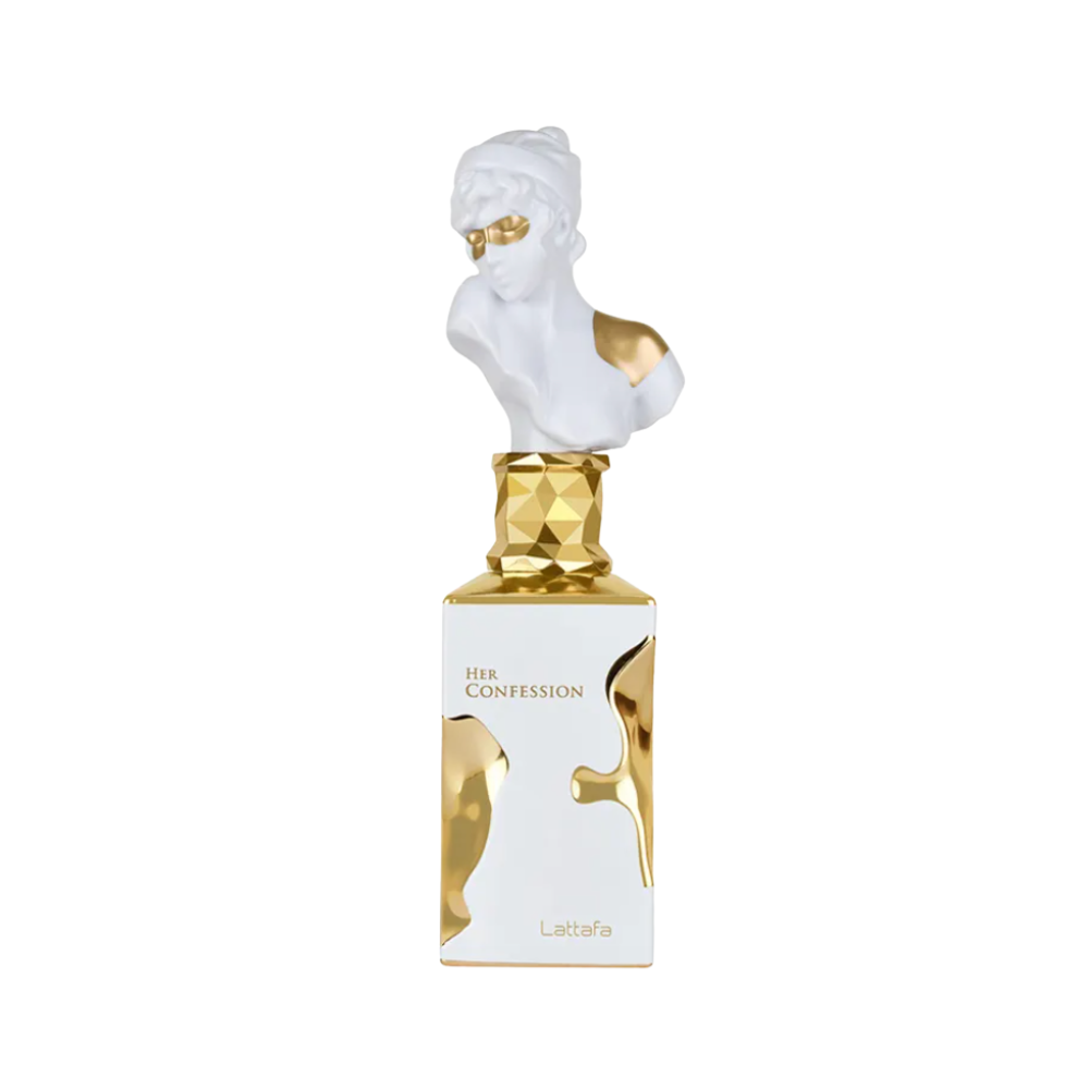 Lattafa Her Confession perfume bottle featuring white bust and gold accents on white background