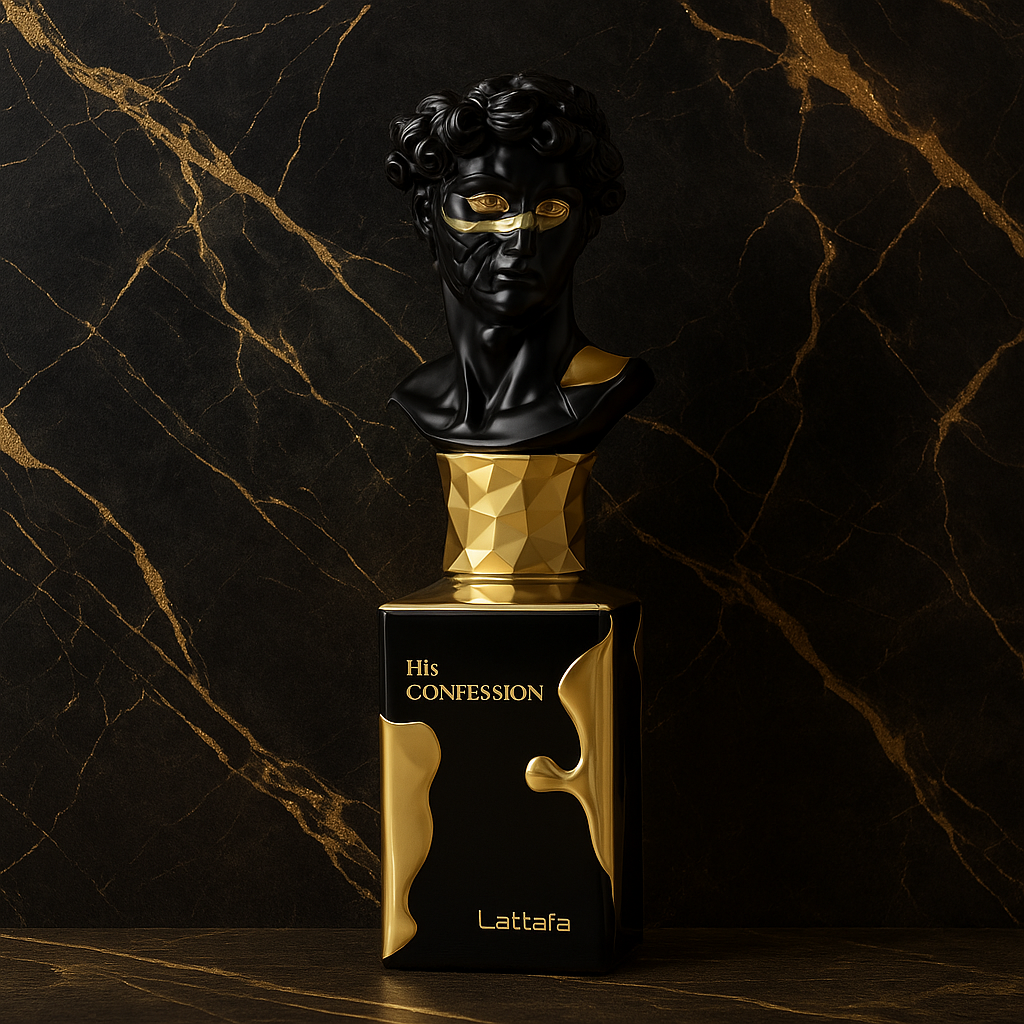 Lattafa His Confession Eau de Parfum bottle with artistic black and gold sculpted bust against a luxurious marble backdrop