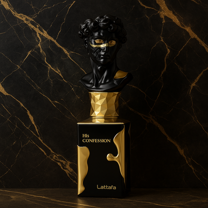 Lattafa His Confession Eau de Parfum bottle with artistic black and gold sculpted bust against a luxurious marble backdrop