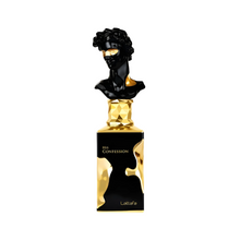 Lattafa His Confession Eau de Parfum bottle featuring black and gold bust design on a white background