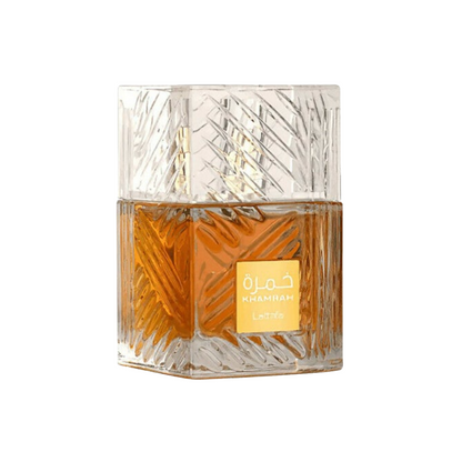 Lattafa Khamrah Sample full bottle image on white background – Sample this fragrance at Scent Suave