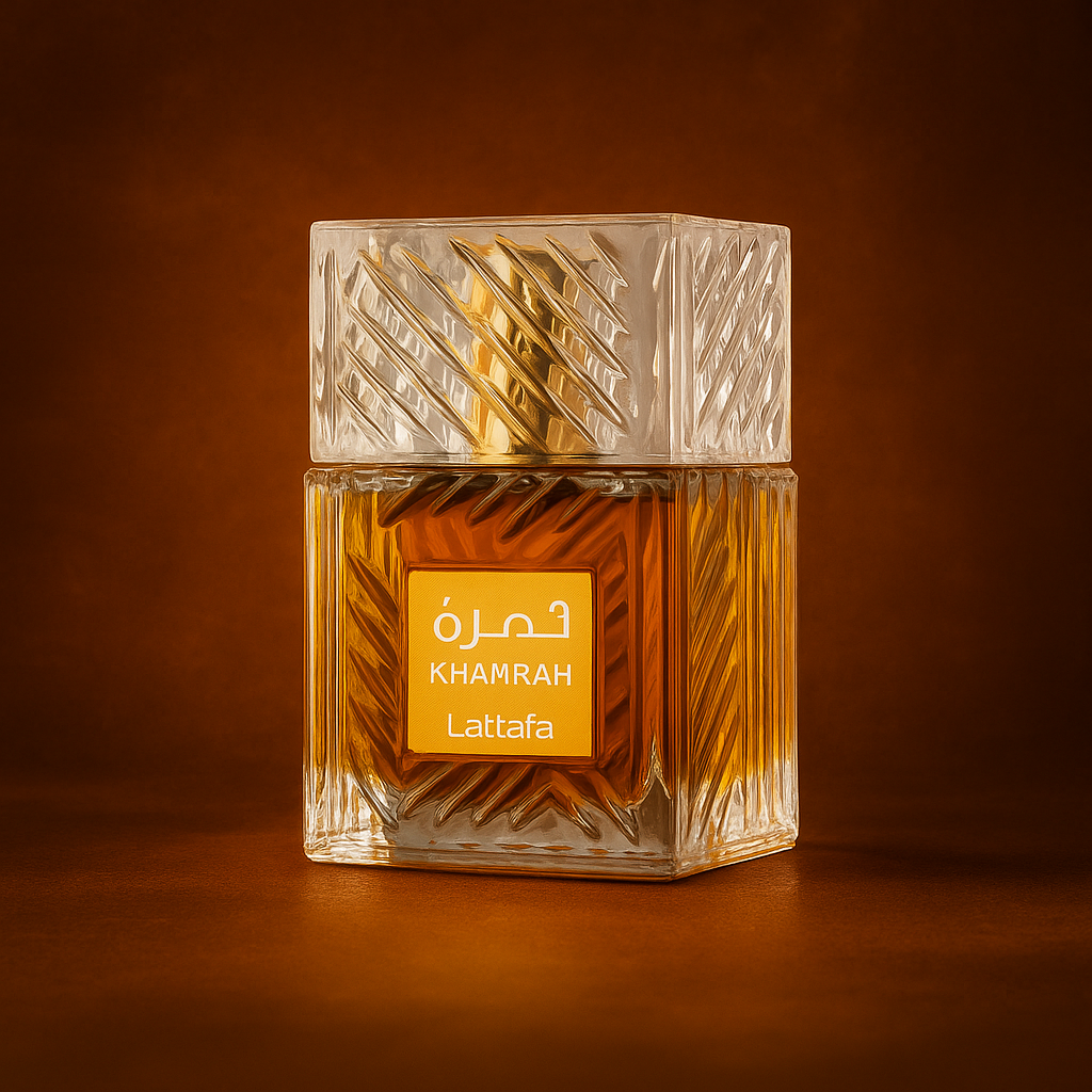 Lattafa Khamrah Sample fragrance bottle display – Try a decant from Scent Suave