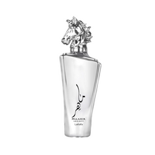 Lattafa Maahir Legacy EDP perfume bottle with silver horse head design on white background