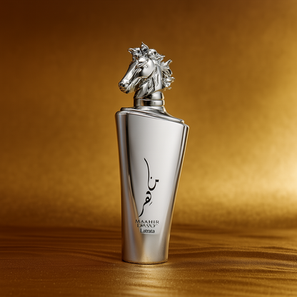 Lattafa Maahir Legacy Eau de Parfum bottle with silver horse cap on gold textured background