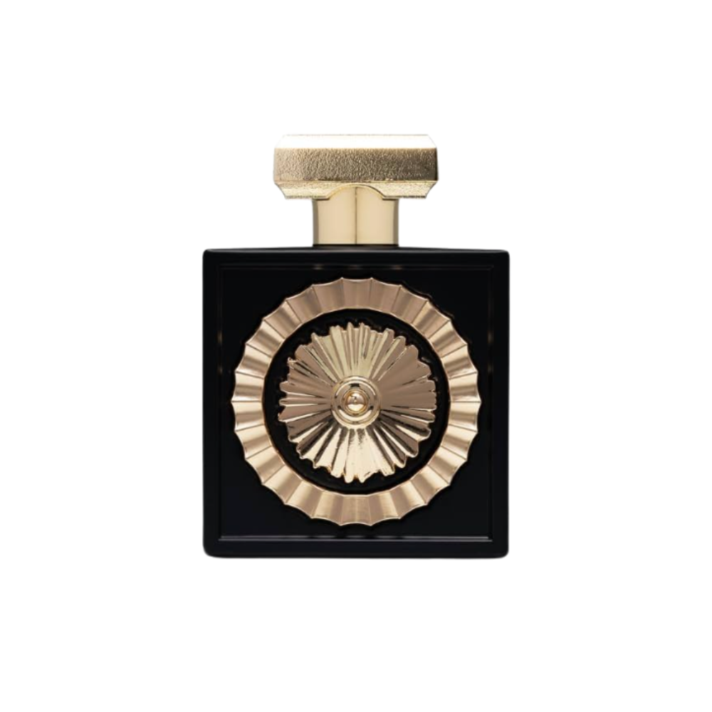 Lattafa Nebras Eau de Parfum bottle featuring gold ornamental design and matte black glass, isolated on white background.