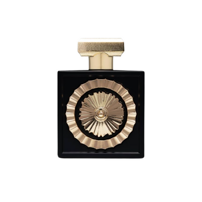 Lattafa Nebras Eau de Parfum bottle featuring gold ornamental design and matte black glass, isolated on white background.