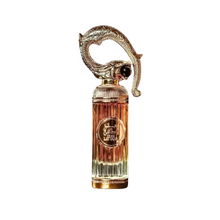 Lattafa Sehr Eau de Parfum bottle with gold detailing and curved ornamental cap on white background