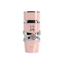 Lattafa Yara Eau de Parfum bottle isolated on white background, featuring pink bottle with silver accents