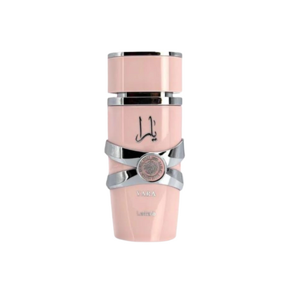 Lattafa Yara Eau de Parfum bottle isolated on white background, featuring pink bottle with silver accents