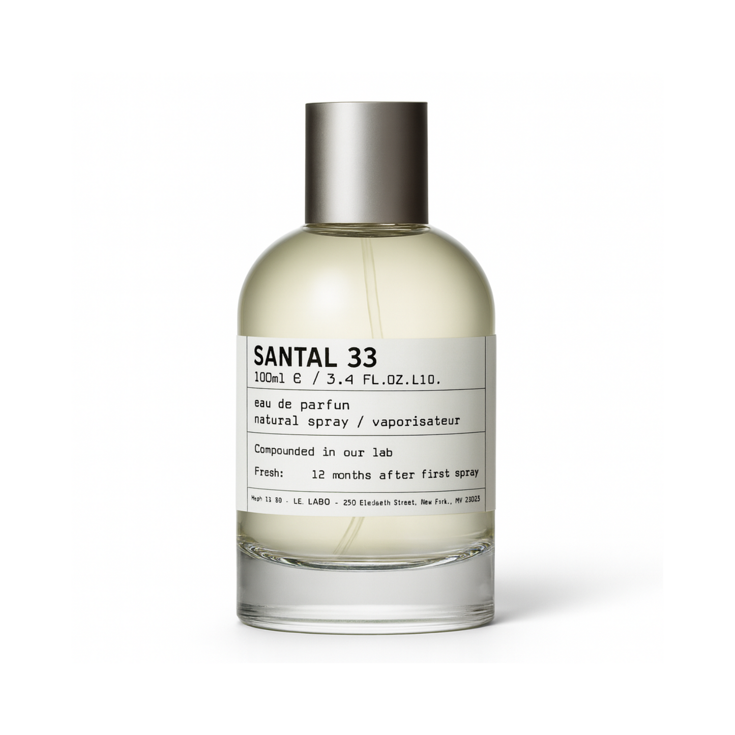 Le Labo Santal 33 perfume bottle with minimalist white label and silver cap on a plain white background