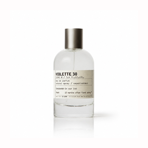 Le Labo Violette 30 Eau de Parfum bottle on a clean white background, showcasing the minimalist niche fragrance with its signature laboratory-style label and transparent glass bottle.