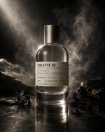 Le Labo Violette 30 Eau de Parfum displayed on a polished black stone surface with soft fragrance mist, dramatic lighting, and violet flowers, highlighting the luxury niche perfume in an elegant, atmospheric setting inspired by its floral woody character