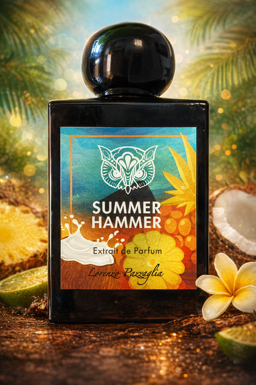 Lorenzo Pazzaglia Summer Hammer Extrait de Parfum bottle surrounded by tropical fruits and summer-inspired background