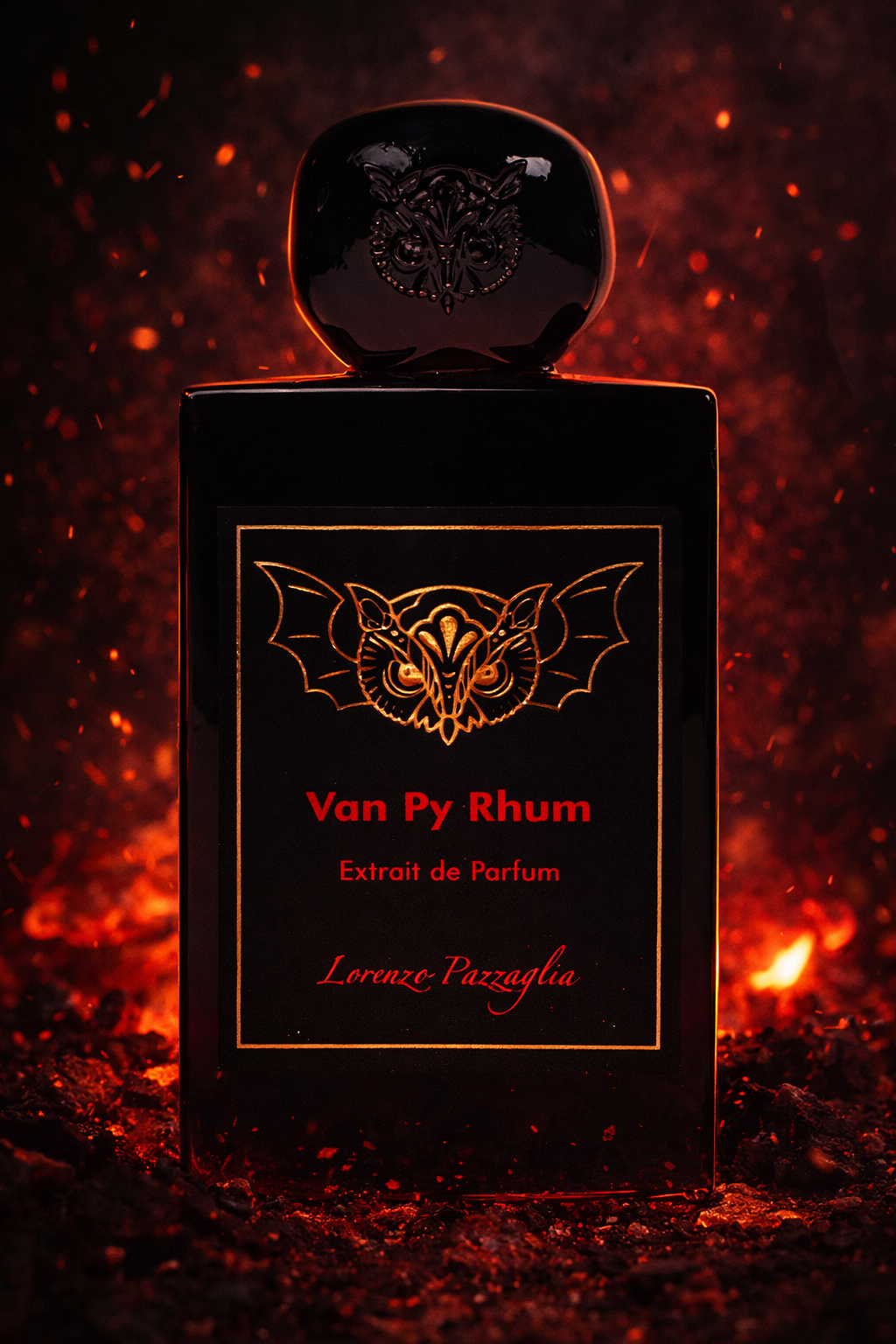 Lorenzo Pazzaglia Van Py Rhum Extrait de Parfum dramatic bottle shot with fiery red background and gothic owl design