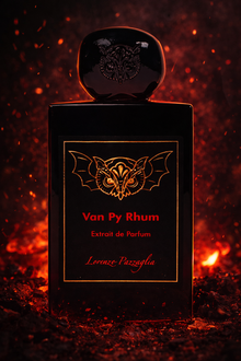Lorenzo Pazzaglia Van Py Rhum Extrait de Parfum dramatic bottle shot with fiery red background and gothic owl design
