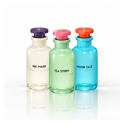 Louis Vuitton Journey to China Discovery Set featuring Ink Mark, Tea Storm and Moon Tale unisex fragrance bottles in ivory, mint green and turquoise blue glass on white background