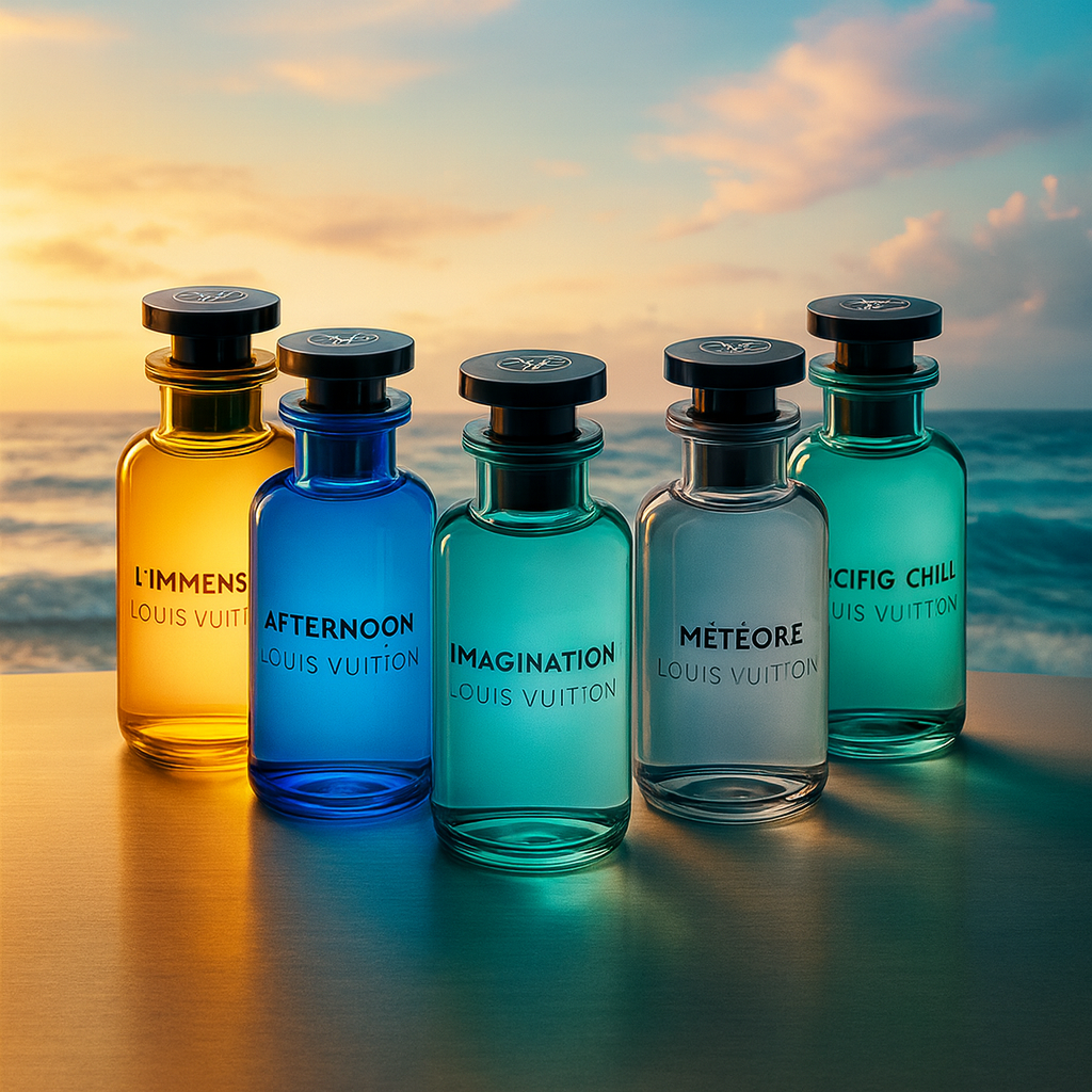 Louis Vuitton Discovery Pack featuring five elegant bottles—L’Immensité, Afternoon Swim, Imagination, Météore, and Pacific Chill—arranged on a reflective surface against a serene ocean sunset background.