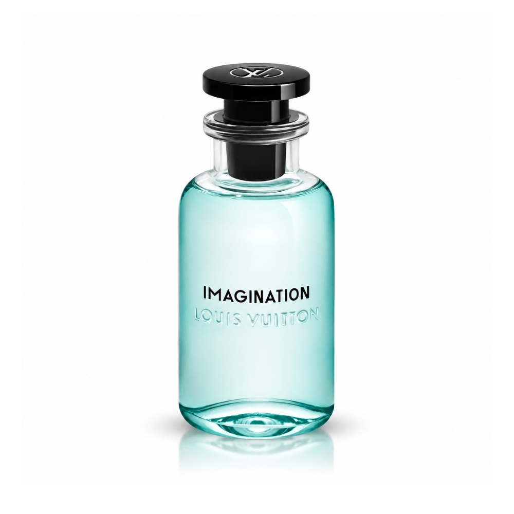 Louis Vuitton Imagination Eau de Parfum men's fragrance bottle with translucent turquoise blue glass, glossy black cap and silver LV logo on white background