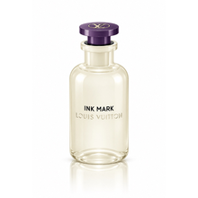 Louis Vuitton Ink Mark Eau de Parfum unisex fragrance bottle with translucent ivory glass, deep purple cap and gold LV logo on white background