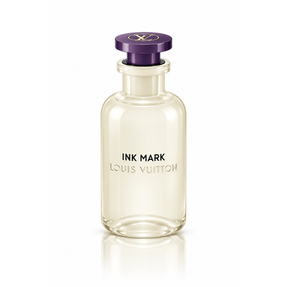Louis Vuitton Ink Mark Eau de Parfum unisex fragrance bottle with translucent ivory glass, deep purple cap and gold LV logo on white background