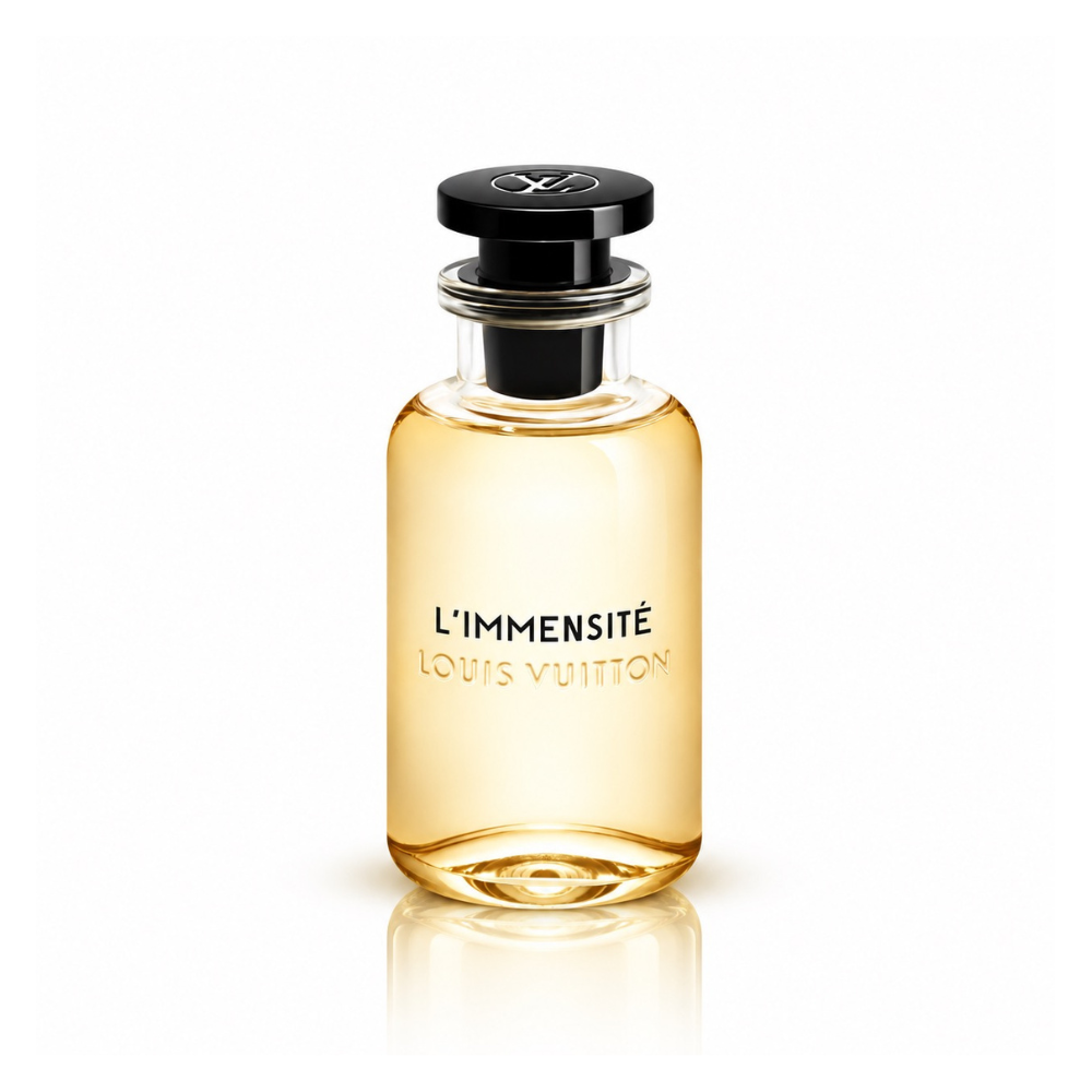 Louis Vuitton L’Immensité Eau de Parfum men's fragrance bottle with translucent golden amber glass, glossy black cap and silver LV logo on white background
