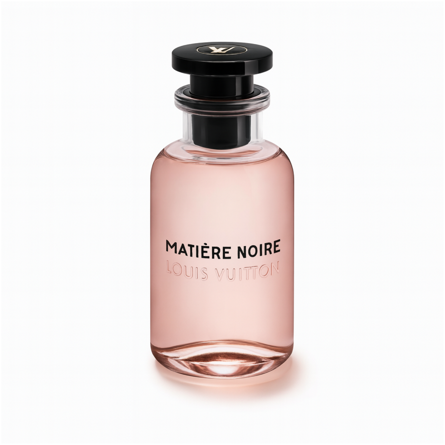 Louis Vuitton Matière Noire Eau de Parfum bottle with rose-pink liquid and black cap on a plain white background