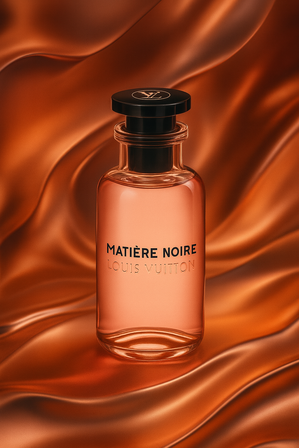 Louis Vuitton Matière Noire Eau de Parfum bottle with rose-pink liquid and black cap displayed on bronze satin background