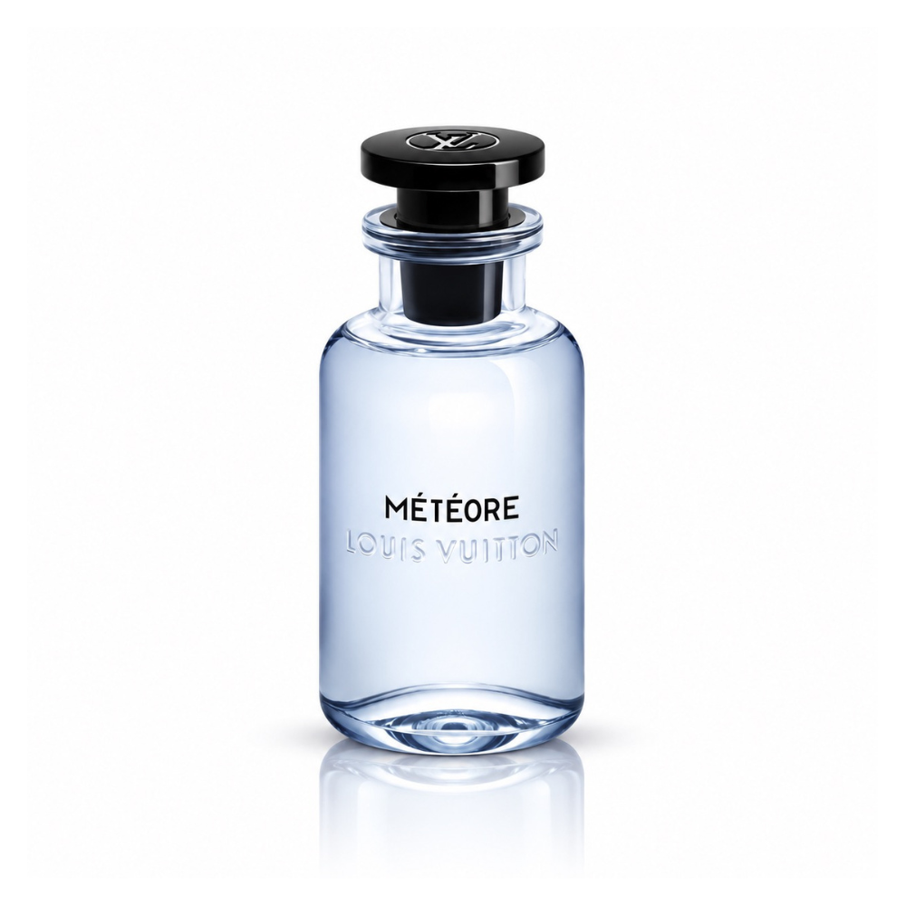 Louis Vuitton Météore Eau de Parfum men's fragrance bottle with translucent pale blue glass, glossy black cap and silver LV logo on white background