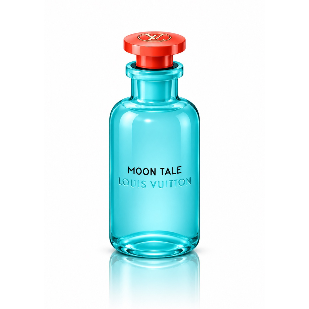 Louis Vuitton Moon Tale Eau de Parfum unisex fragrance bottle with translucent turquoise blue glass, orange-red cap and gold LV logo on white background