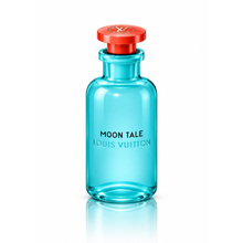 Louis Vuitton Moon Tale Eau de Parfum unisex fragrance bottle with translucent turquoise blue glass, orange-red cap and gold LV logo on white background