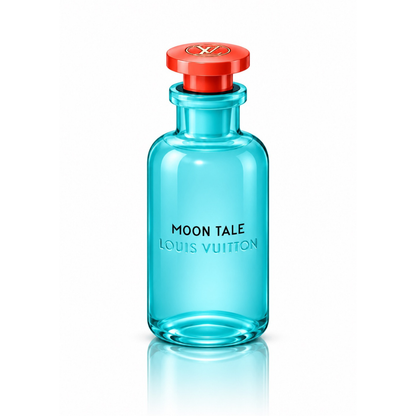 Louis Vuitton Moon Tale Eau de Parfum unisex fragrance bottle with translucent turquoise blue glass, orange-red cap and gold LV logo on white background
