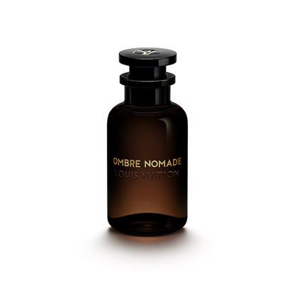 Louis Vuitton Ombre Nomade perfume bottle with black cap and amber-brown glass on a clean white background.