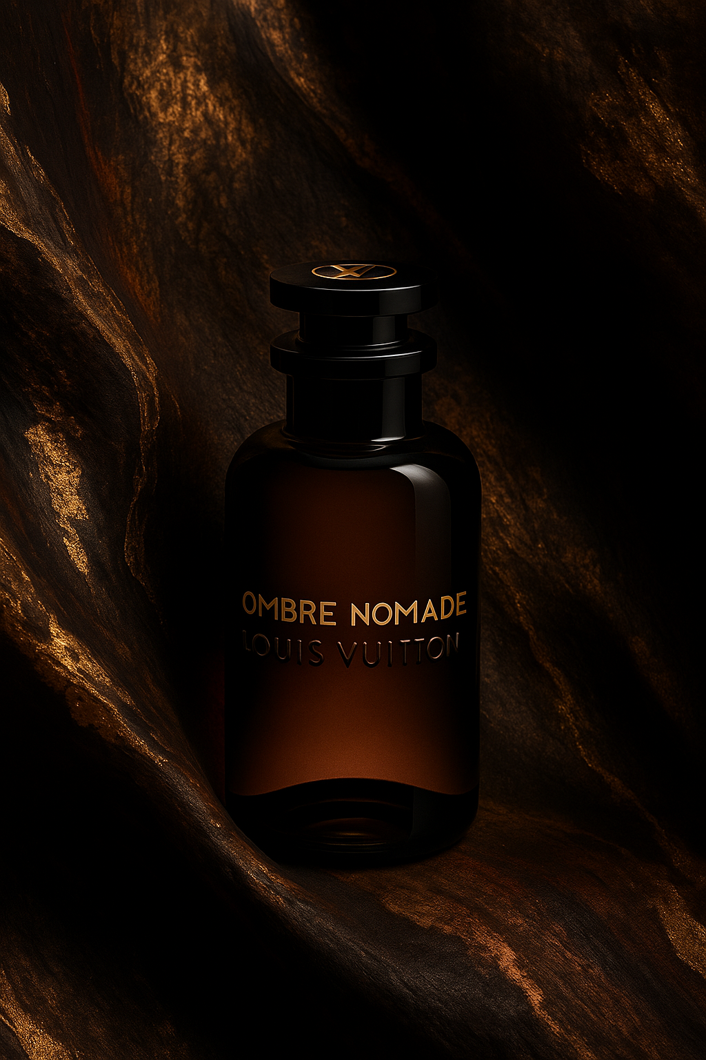 Louis Vuitton Ombre Nomade perfume bottle resting on a rich, dark brown textured fabric with golden lighting.
