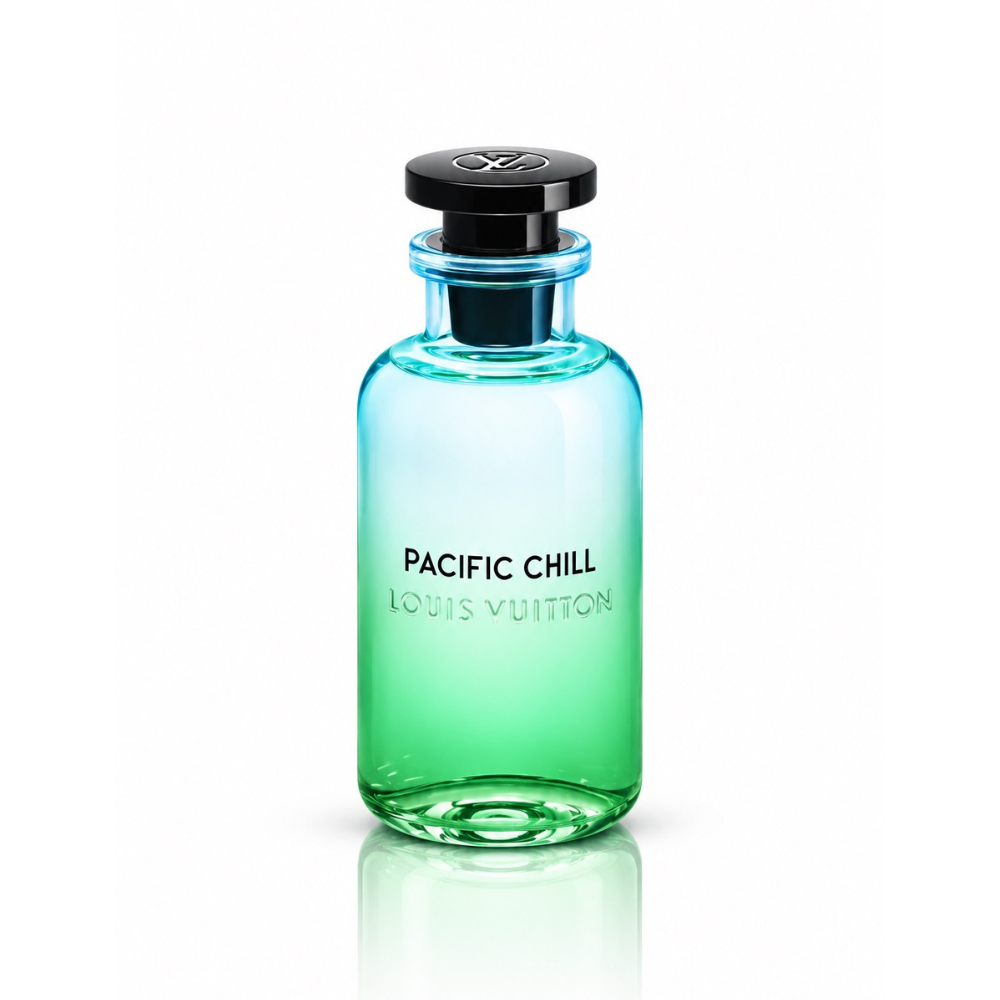 Louis Vuitton Pacific Chill Eau de Parfum unisex fragrance bottle with blue-to-green gradient glass, glossy black cap and silver LV logo on white background