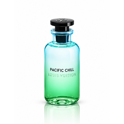 Louis Vuitton Pacific Chill Eau de Parfum unisex fragrance bottle with blue-to-green gradient glass, glossy black cap and silver LV logo on white background