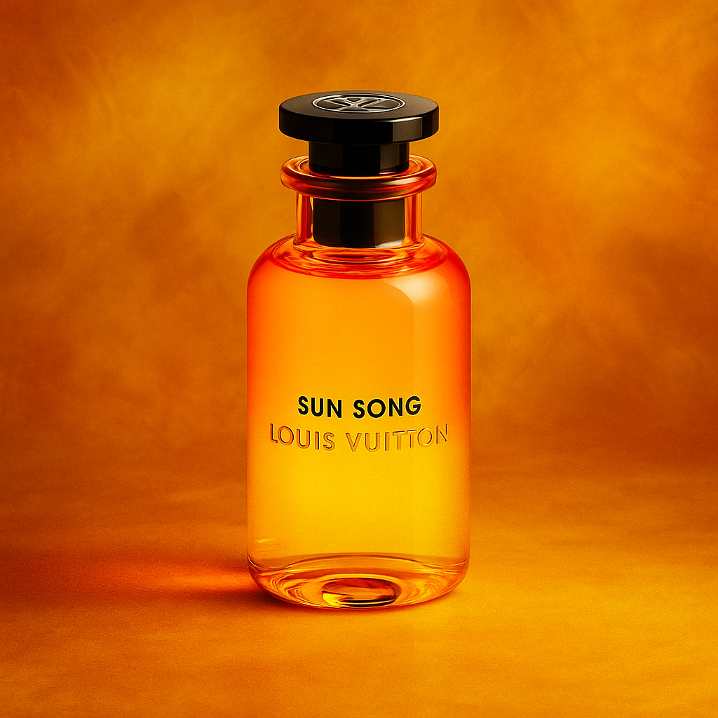 Louis Vuitton Sun Song bottle on an orange background showcasing the luxury men's fragrance