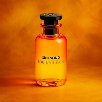 Louis Vuitton Sun Song bottle on an orange background showcasing the luxury men's fragrance