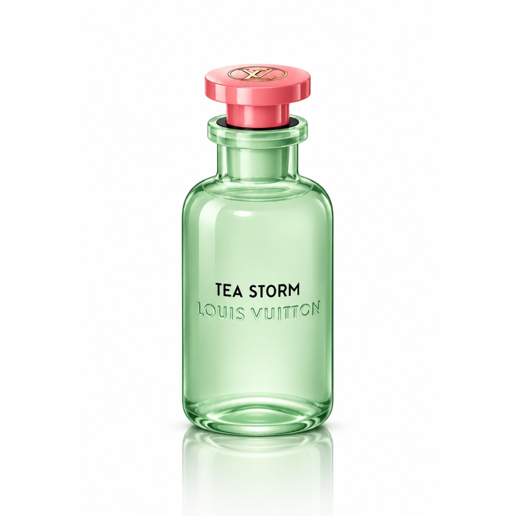 Louis Vuitton Tea Storm Eau de Parfum unisex fragrance bottle with translucent mint green glass, pink cap and gold LV logo on white background