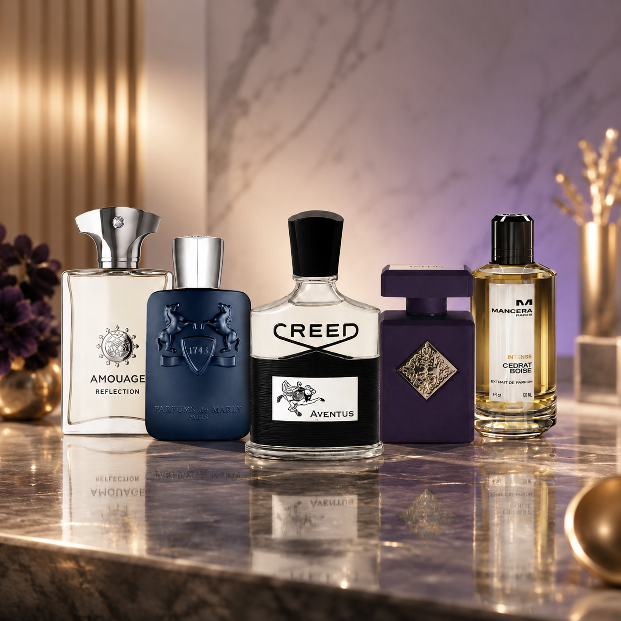 Luxury Niche Fragrance Discovery Set for Men showcasing Creed Aventus, Parfums de Marly Layton, Initio Side Effect, Mancera Intense Cedrat Boise, and Amouage Reflection Man Eau de Parfum arranged on a luxury marble surface, highlighting a premium men's niche fragrance discovery collection
