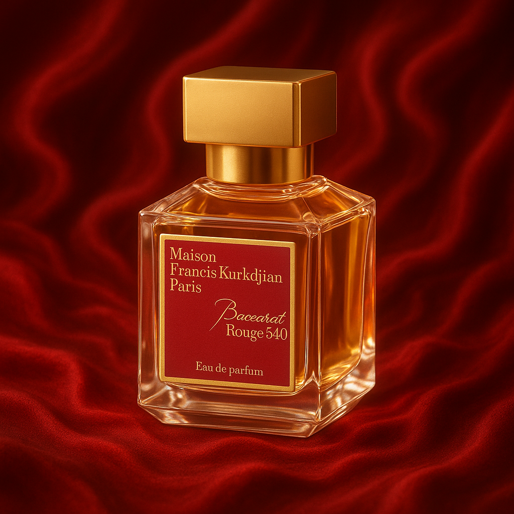 Maison Francis Kurkdjian Baccarat Rouge 540 EDP bottle styled on luxurious red silk background