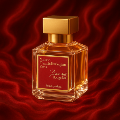 Maison Francis Kurkdjian Baccarat Rouge 540 EDP bottle styled on luxurious red silk background