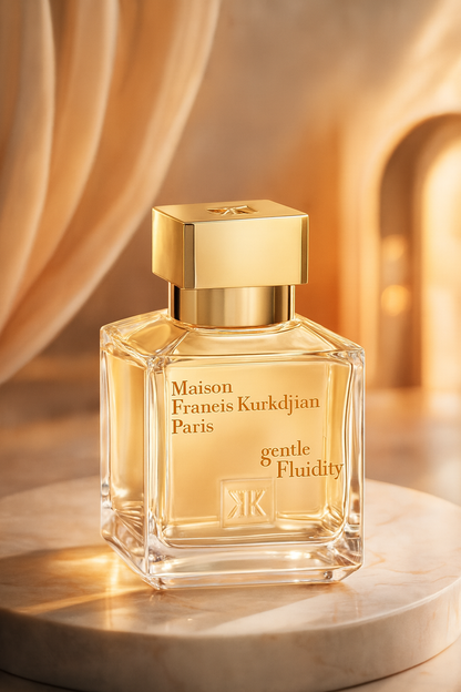 Maison Francis Kurkdjian Gentle Fluidity Gold perfume bottle displayed on a marble pedestal with warm golden lighting