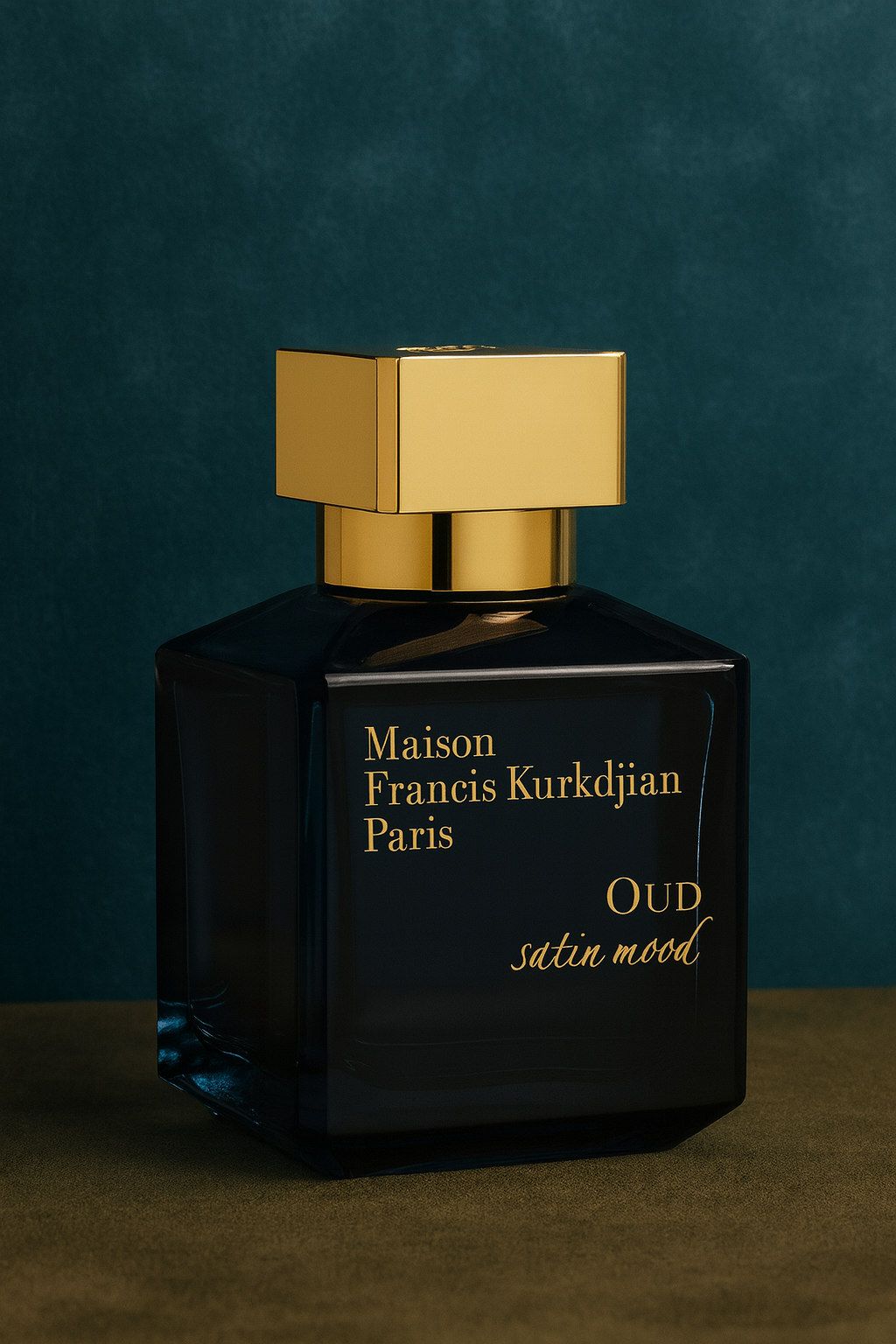 Maison Francis Kurkdjian Oud Satin Mood Eau de Parfum bottle on a dark teal background