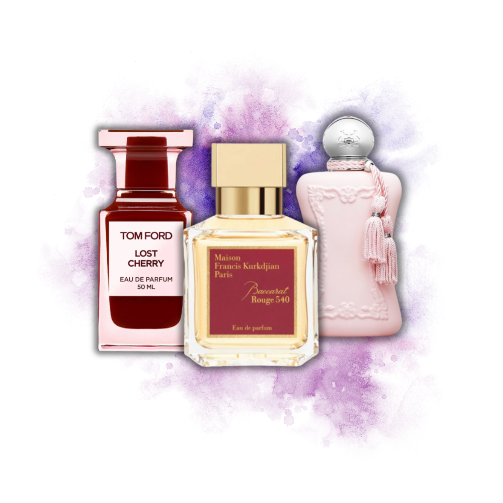 Tom Ford Lost Cherry, Baccarat Rouge 540, and Delina perfume bottles on a purple watercolor background