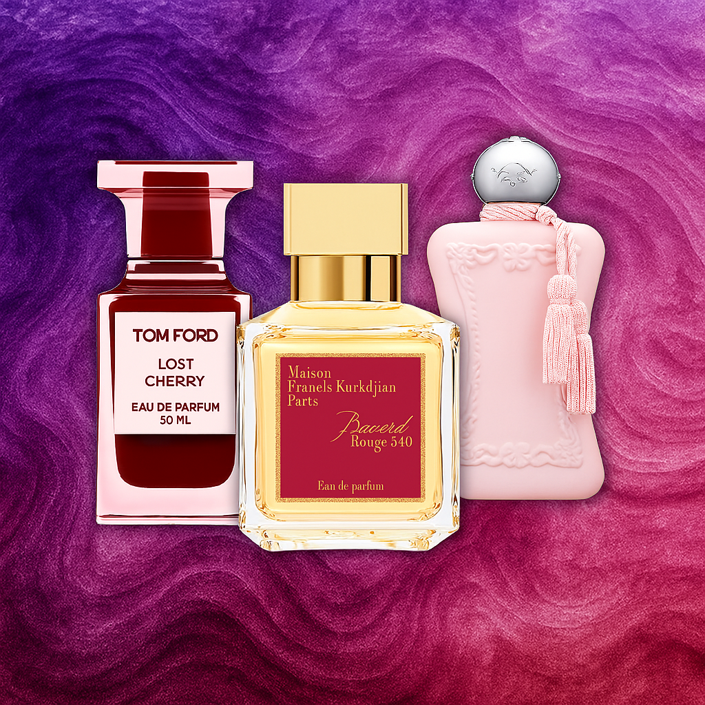 Tom Ford Lost Cherry, Maison Francis Kurkdjian Baccarat Rouge 540, and Parfums de Marly Delina displayed on a luxurious purple background